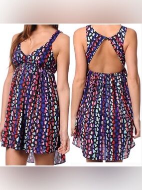 Roxy Love Seeker Dress Large Geometric Print Open Back Fit & Flare Mini Dress